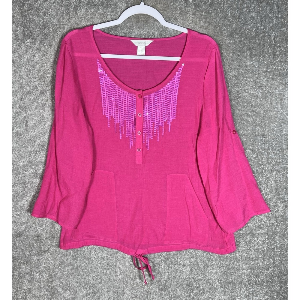 Christopher & Banks SemiSheer Top Womens M Pink Sequin Drawstring Hem Scoop Neck